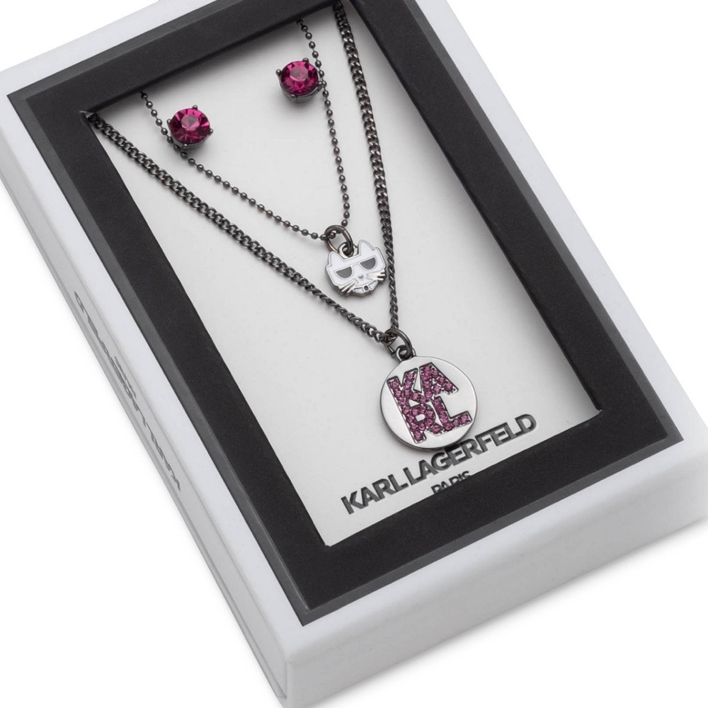 Karl Lagerfeld Hematite Silver Necklace with Pink Crystal Accents